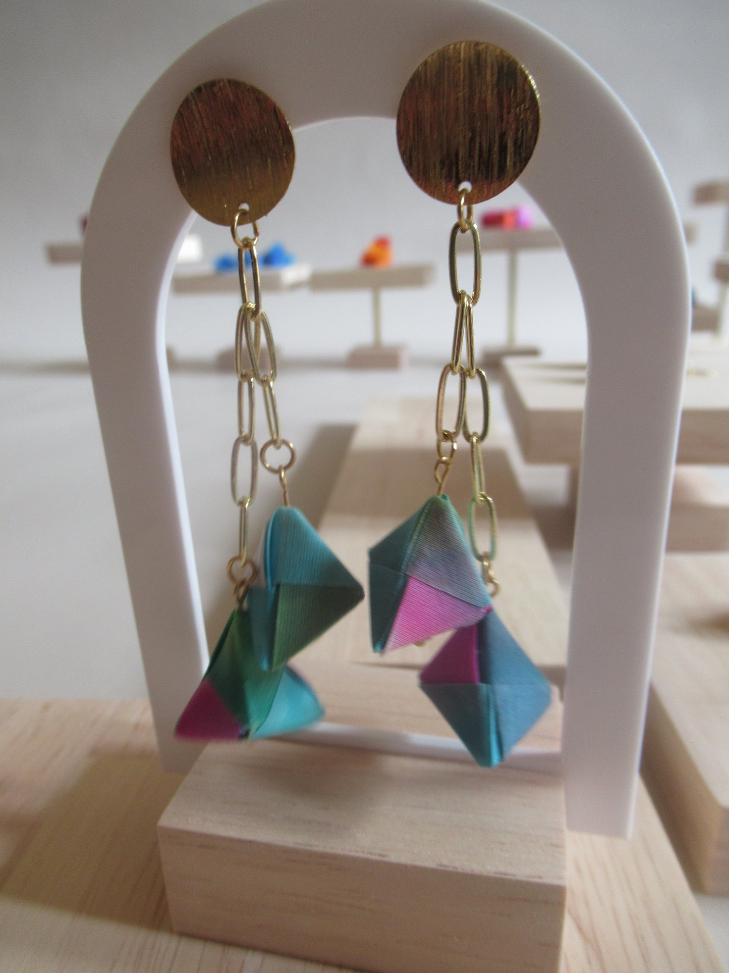 Handmade origami silk earrings in blue with silver hooks