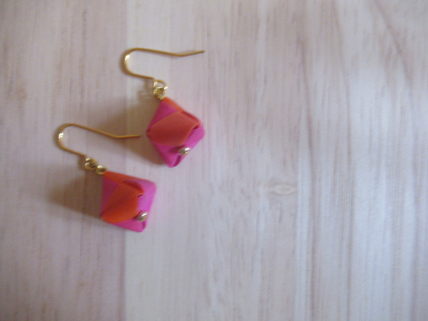 Handmade origami silk earings in fushia pink and bright orange with gold plated hooks