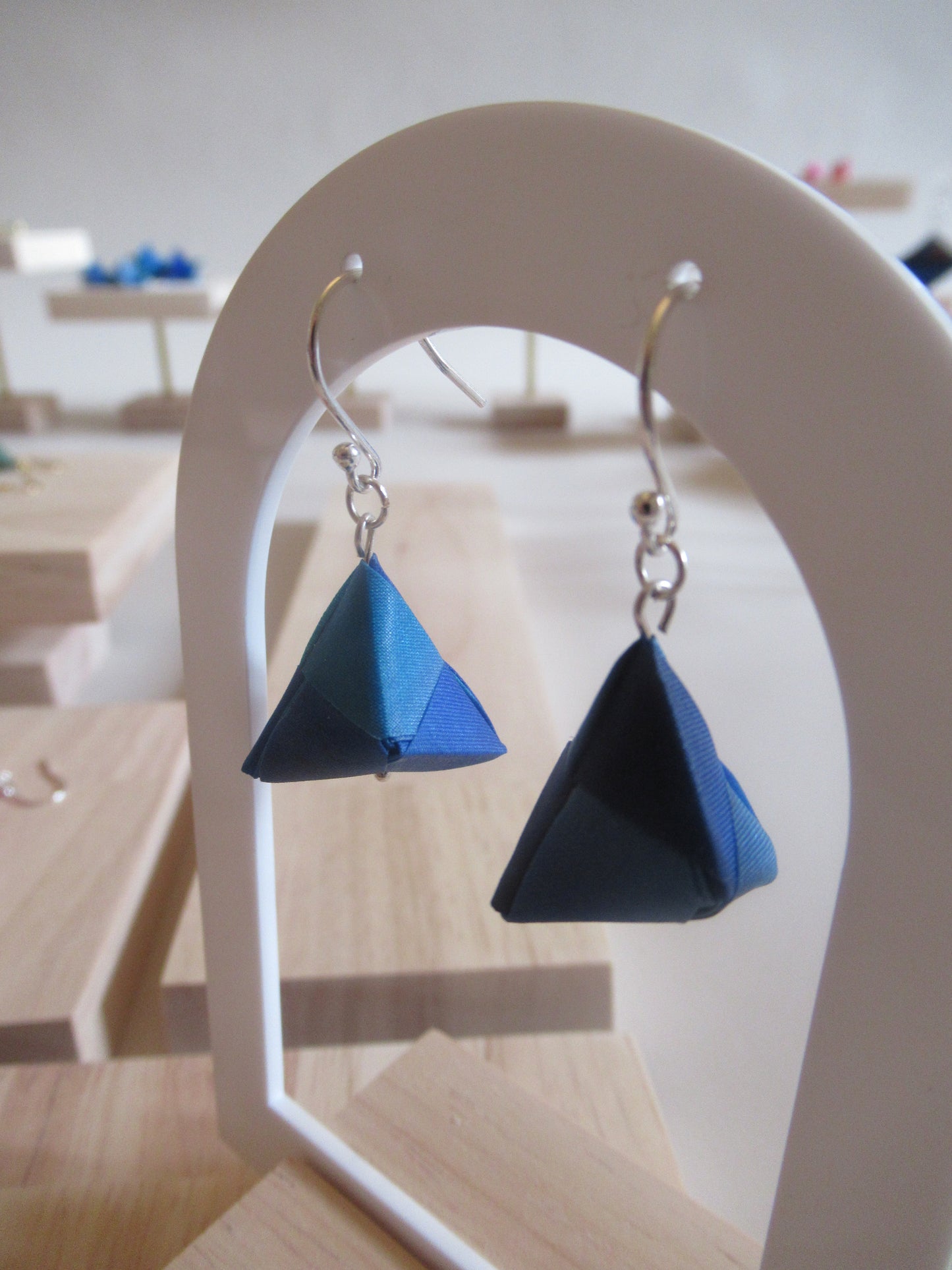 Handmade origami silk earrings in blue with silver hooks