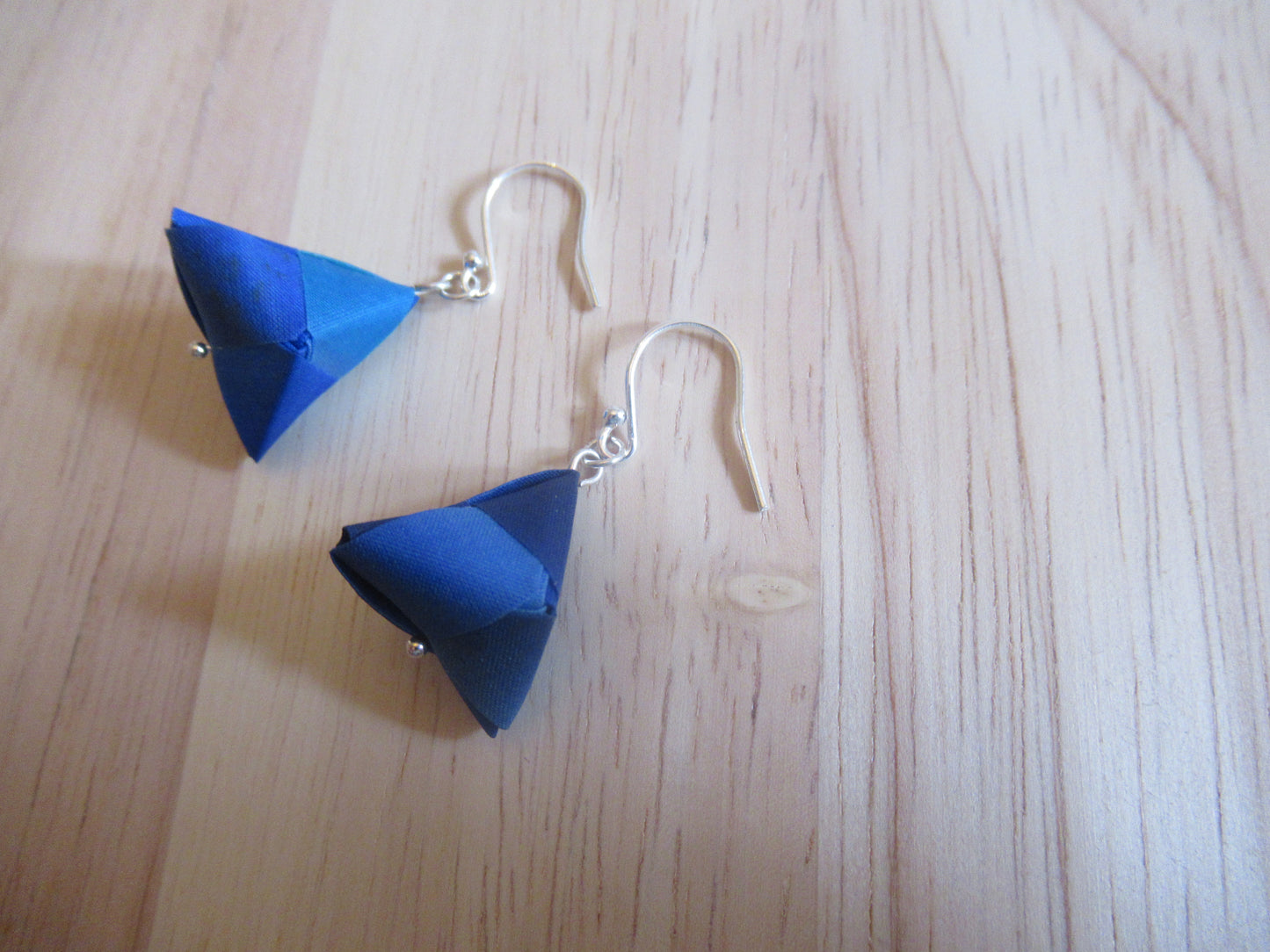 Handmade origami silk earrings in blue with silver hooks