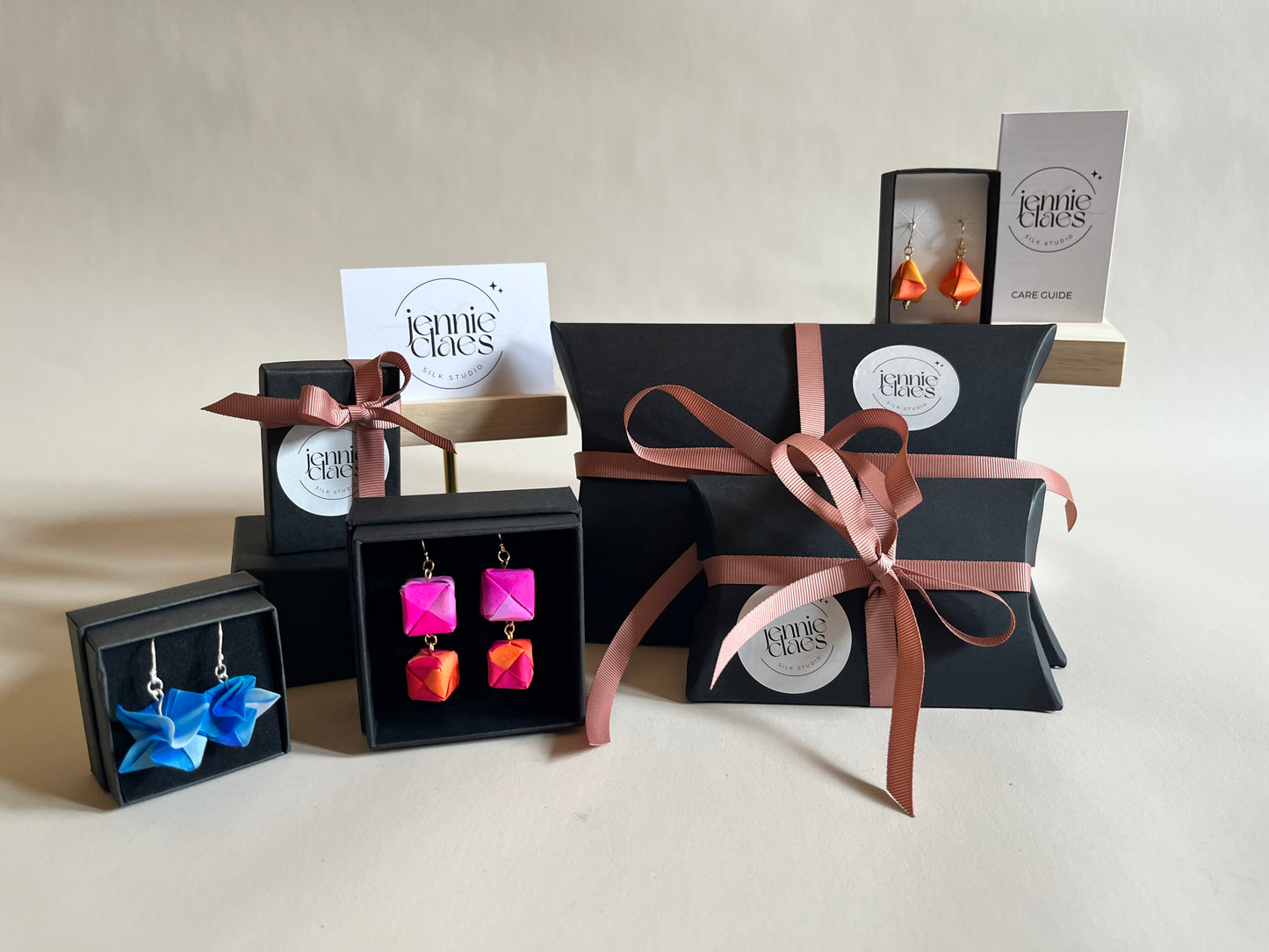 Handmade origami silk earrings in green with gold plated discs studs