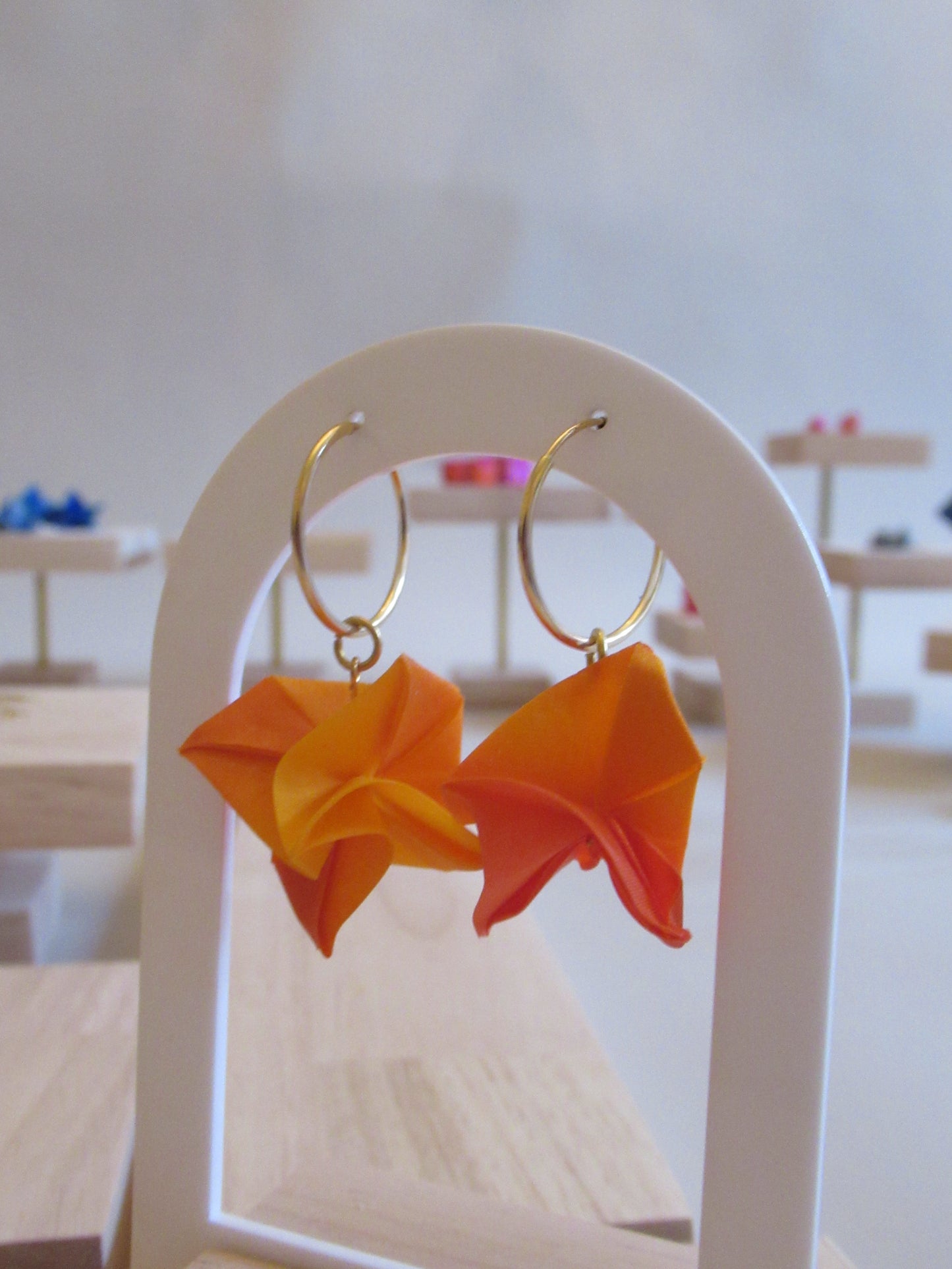 Large handmade origami silk flower with gold plated hoops
