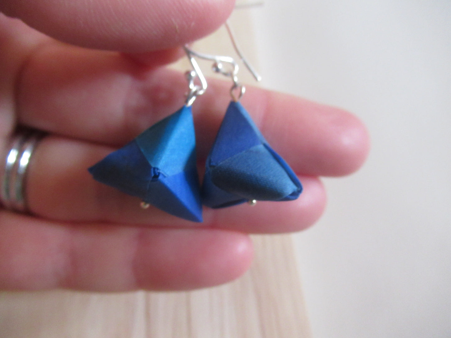 Handmade origami silk earrings in blue with silver hooks