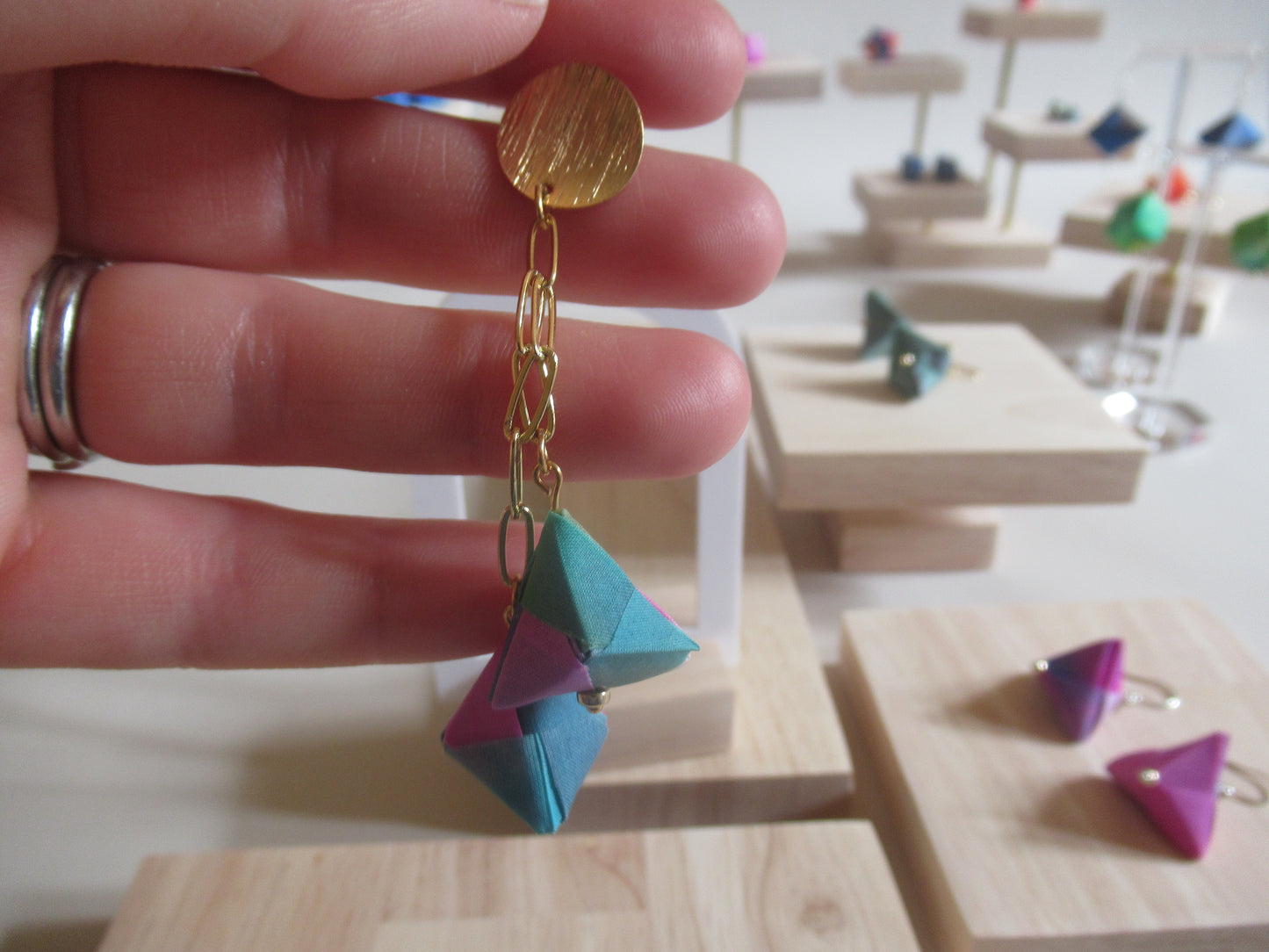 Handmade origami silk earrings in blue with silver hooks