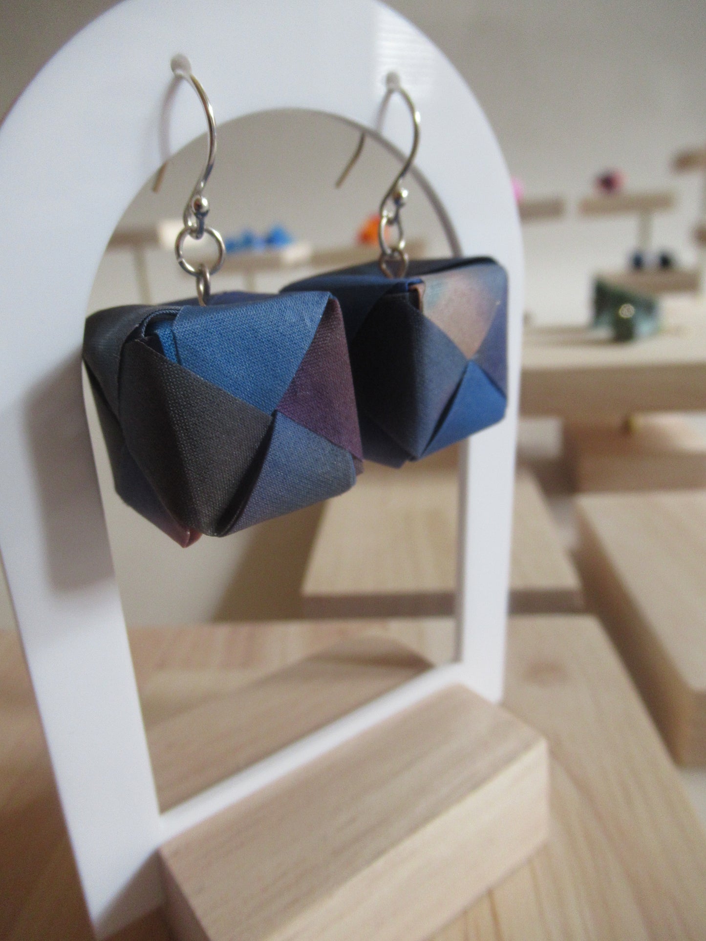 Handmade origami silk earrings in Royal blue with silver hooks