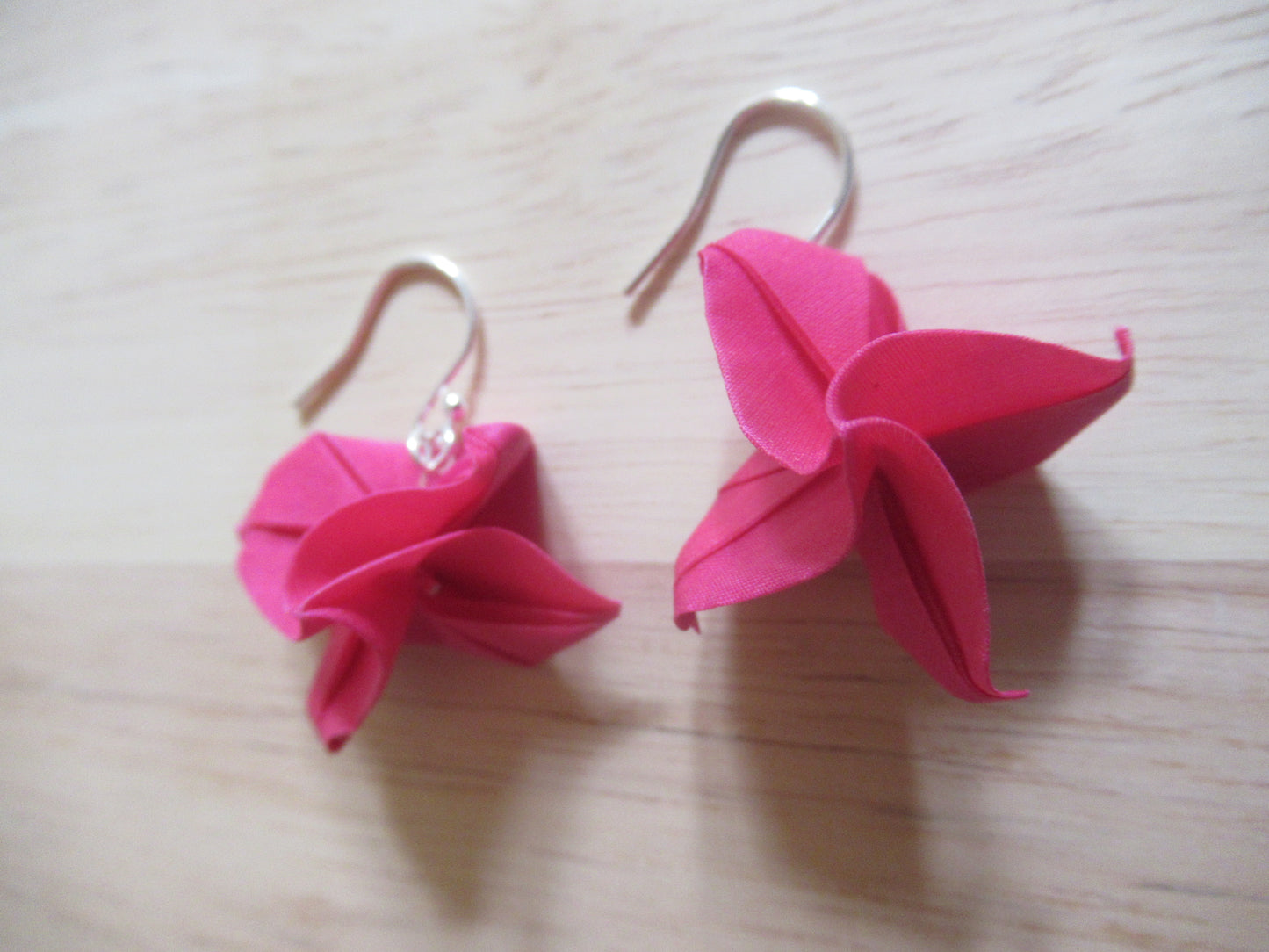 Handmade origami silk earrings in fuchsia pink rose flower with silver hooks