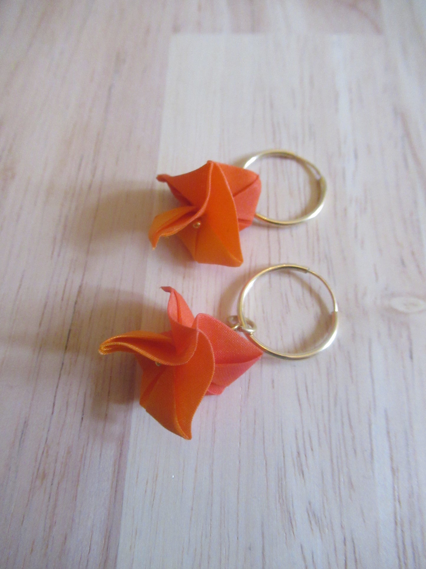 Large handmade origami silk flower with gold plated hoops