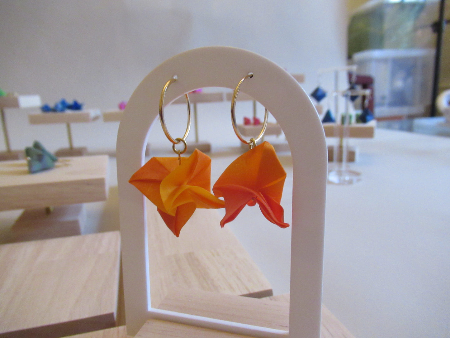Large handmade origami silk flower with gold plated hoops