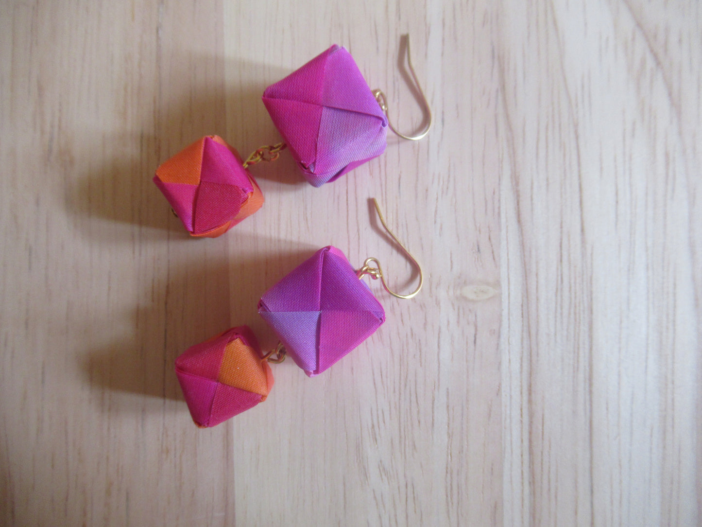 Handmade origami silk earrings and pink orange and double cube drop gold plated hooks