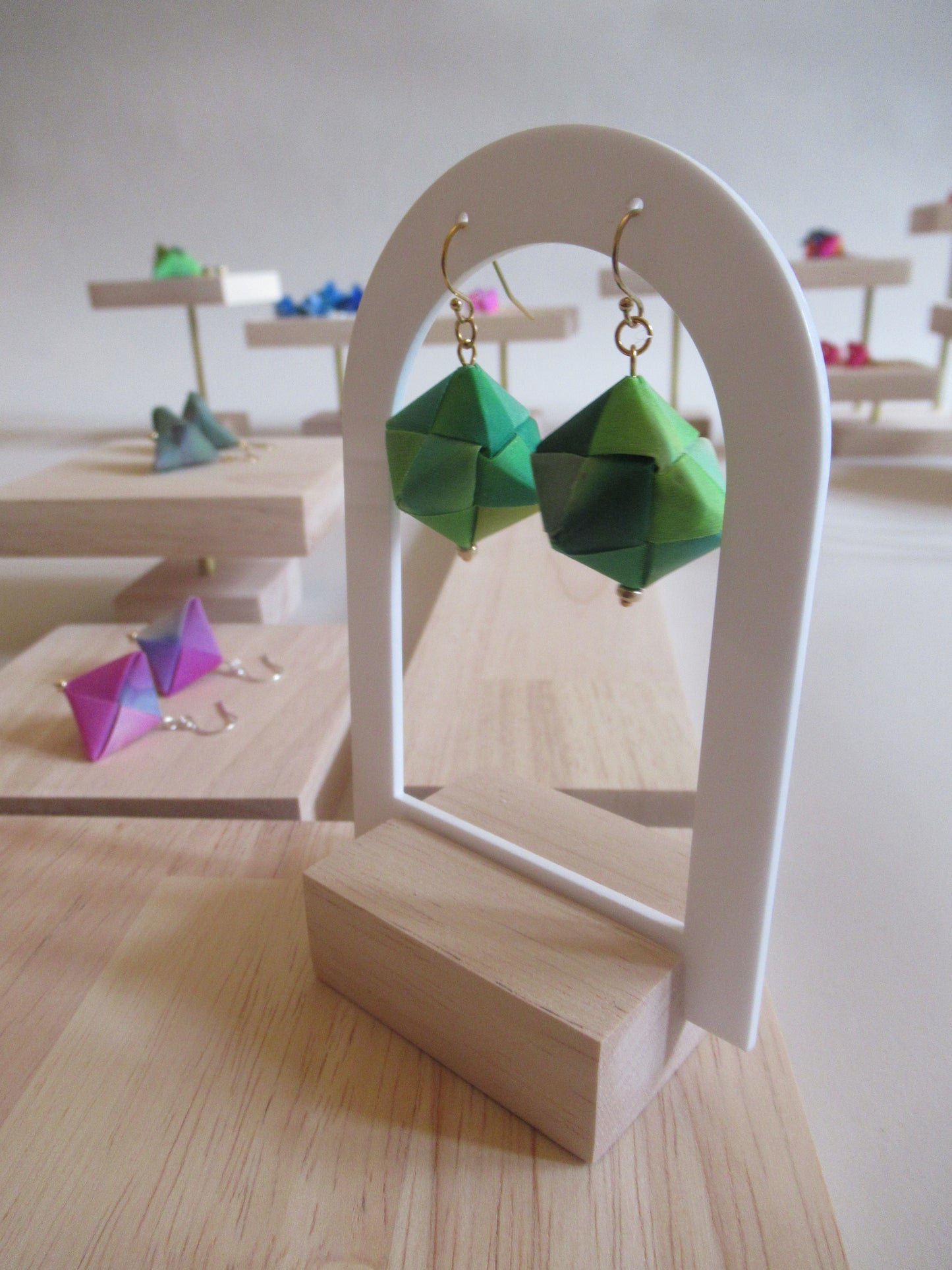 Handmade origami silk earrings in lime green with gold plated hooks