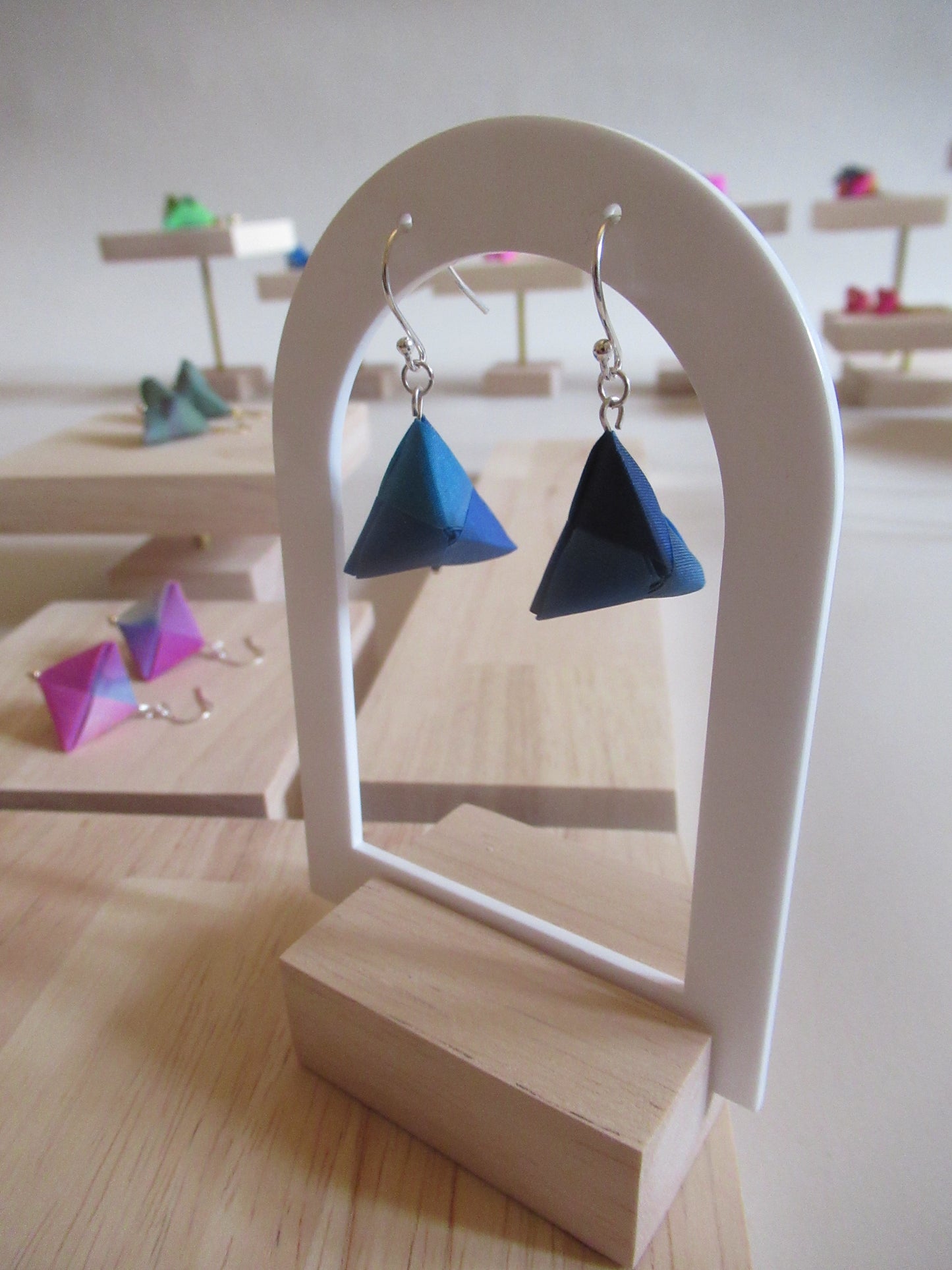 Handmade origami silk earrings in blue with silver hooks
