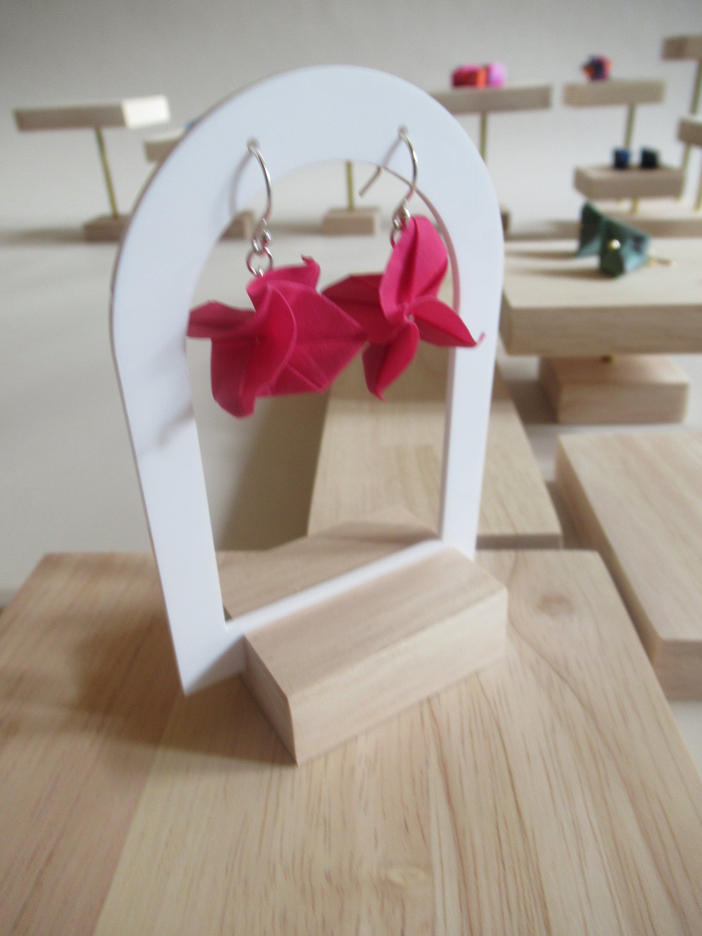Handmade origami silk earrings in fuchsia pink rose flower with silver hooks