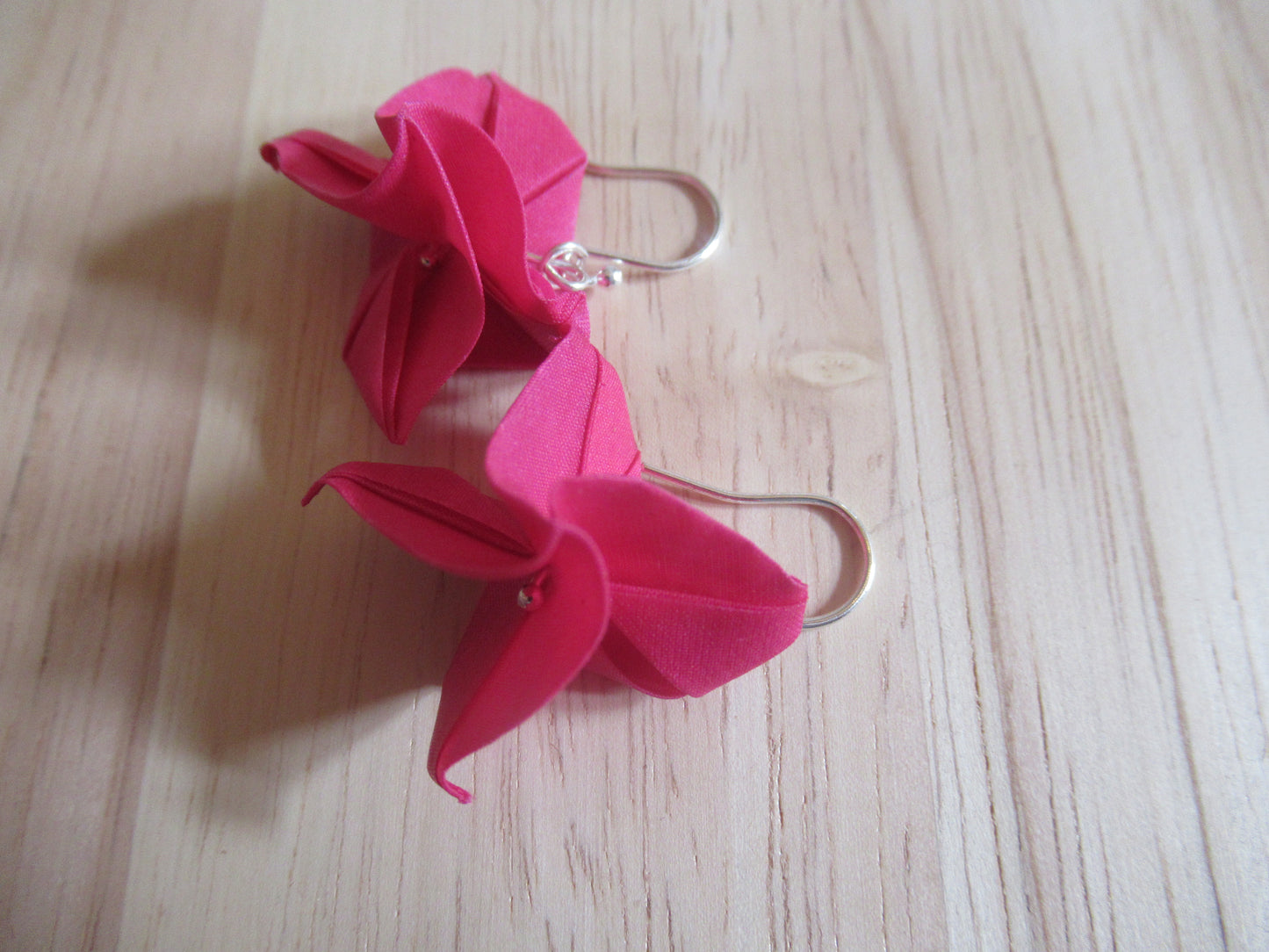 Handmade origami silk earrings in fuchsia pink rose flower with silver hooks