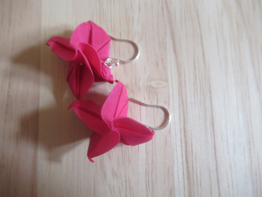Handmade origami silk earrings in fuchsia pink rose flower with silver hooks