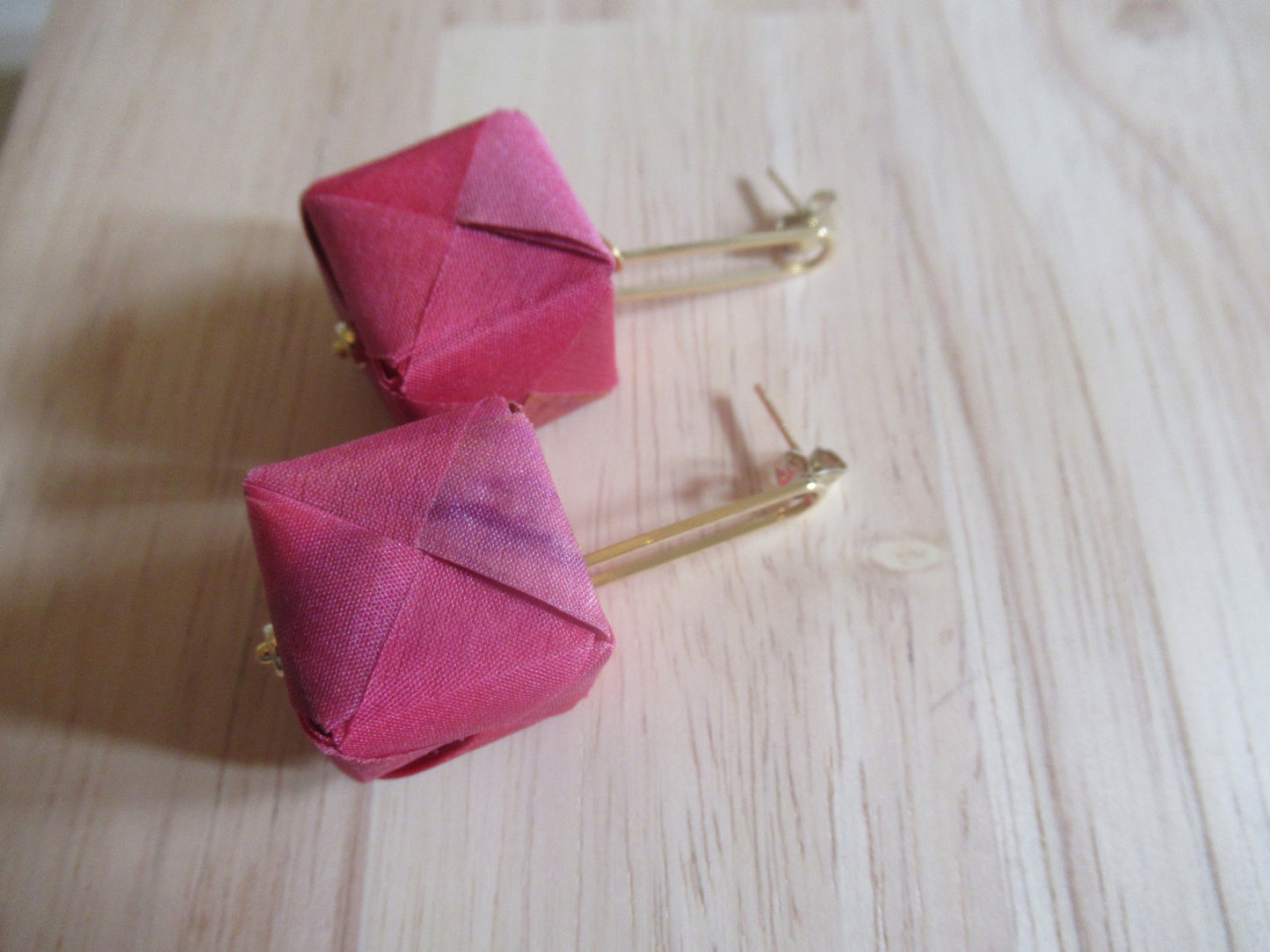 Handmade origami silk earrings with pink 24 carat gold plated oval studs