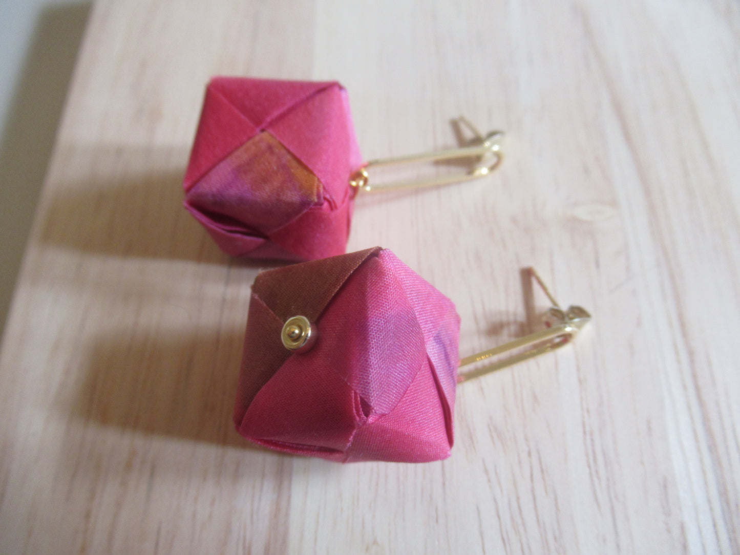 Handmade origami silk earrings with pink 24 carat gold plated oval studs