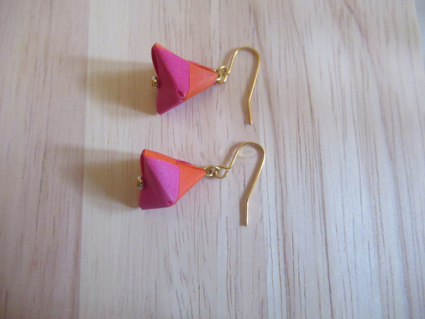 Handmade origami silk earings in fushia pink and bright orange with gold plated hooks