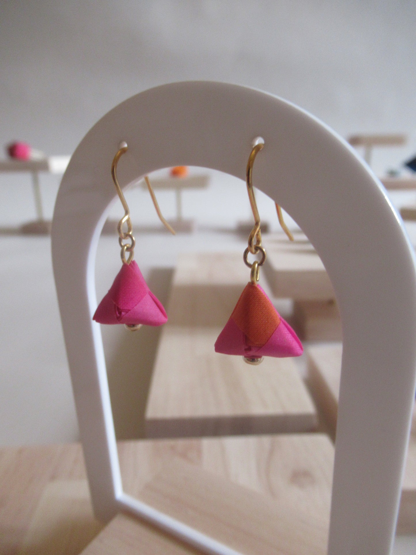 Handmade origami silk earings in fushia pink and bright orange with gold plated hooks