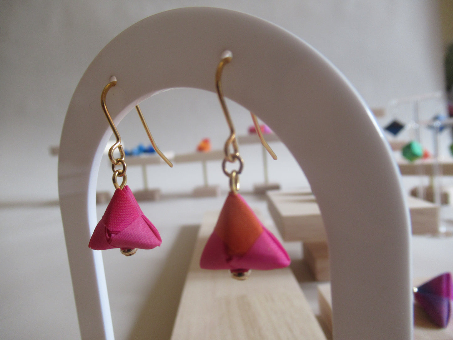 Handmade origami silk earings in fushia pink and bright orange with gold plated hooks