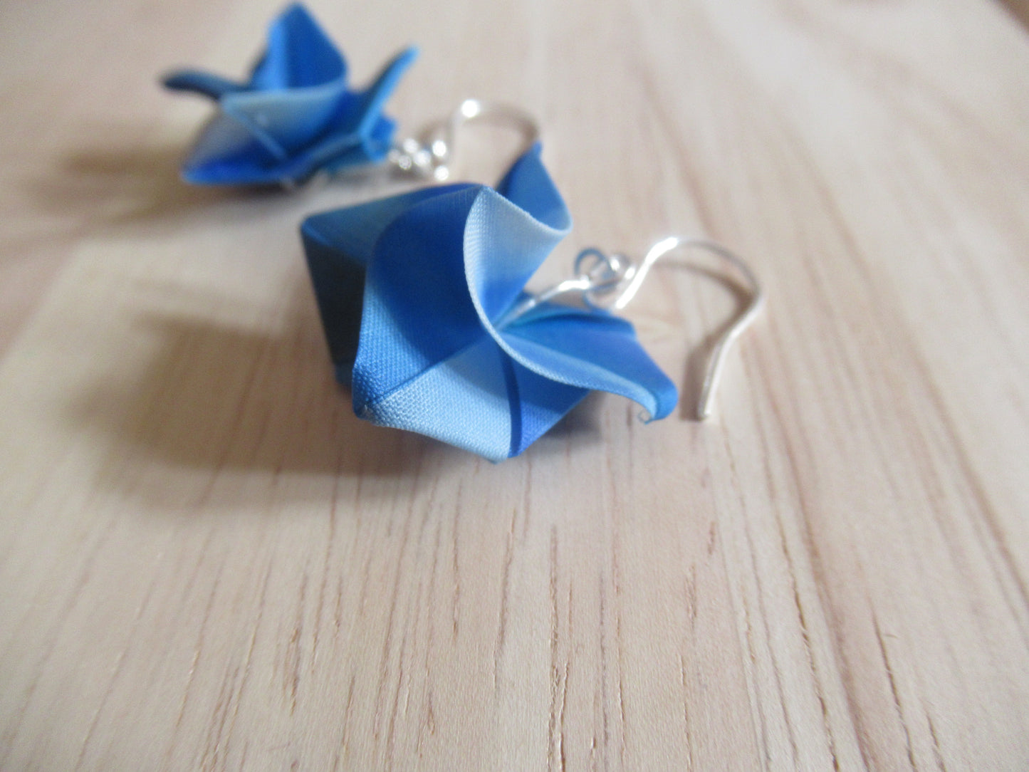 Handmade origami silk earrings in royal blue rose flower with silver hooks