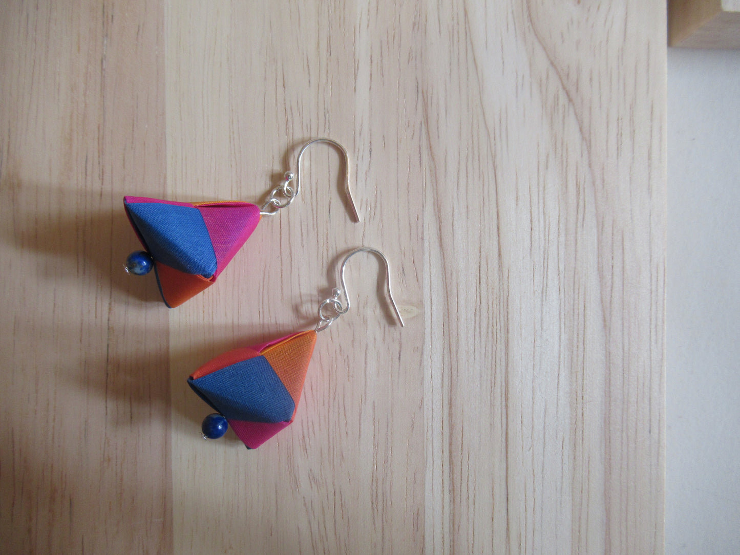 Handmade origami silk earrings and fuchsia pink bright blue bright orange with gold plated hooks