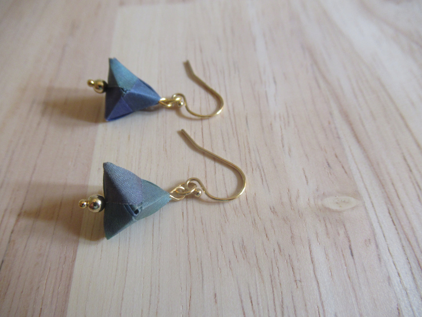 Handmade origami silk earrings and green with gold plated hooks