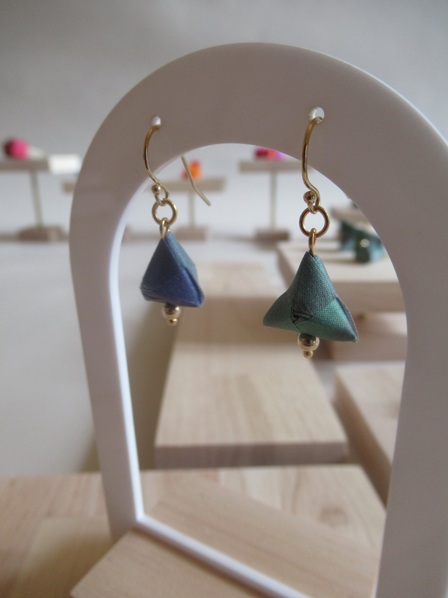 Handmade origami silk earrings and green with gold plated hooks
