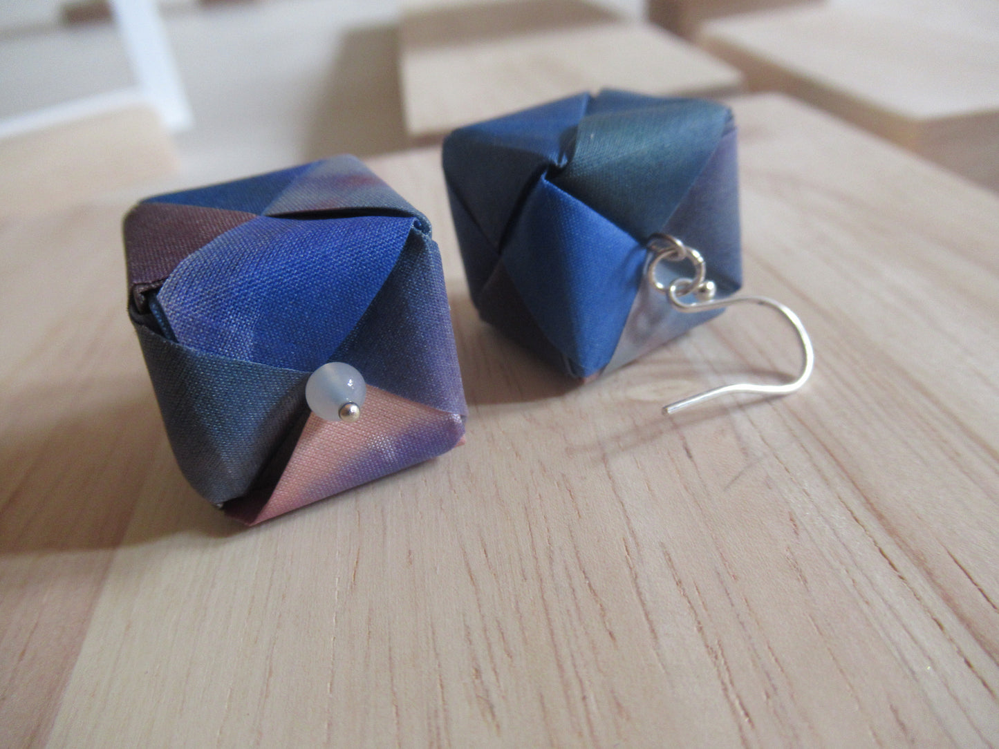 Handmade origami silk earrings in Royal blue with silver hooks
