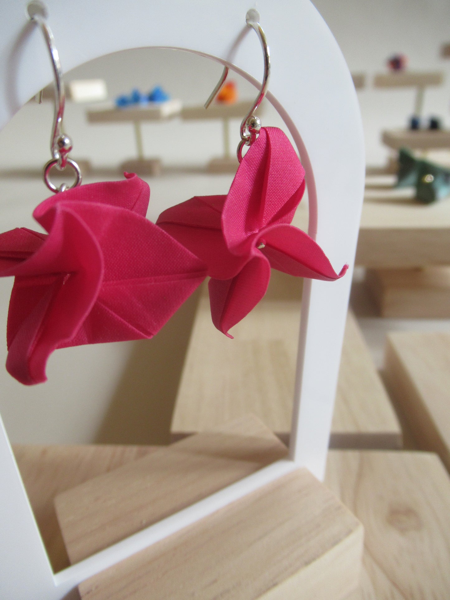 Handmade origami silk earrings in fuchsia pink rose flower with silver hooks