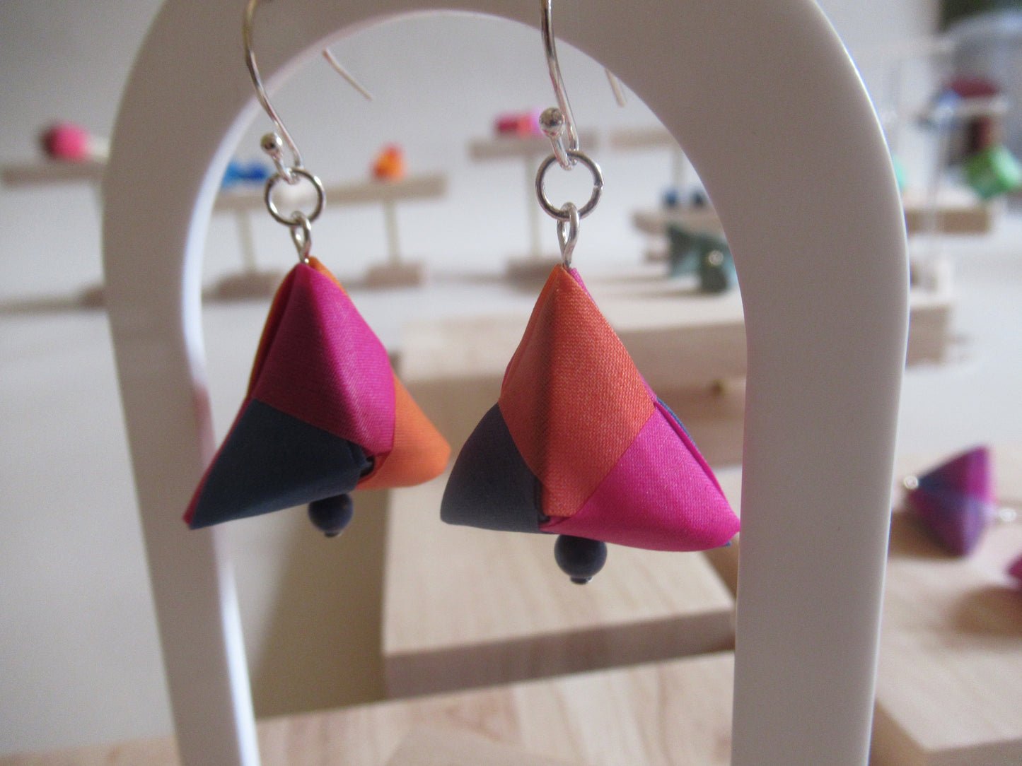 Handmade origami silk earrings and fuchsia pink bright blue bright orange with gold plated hooks