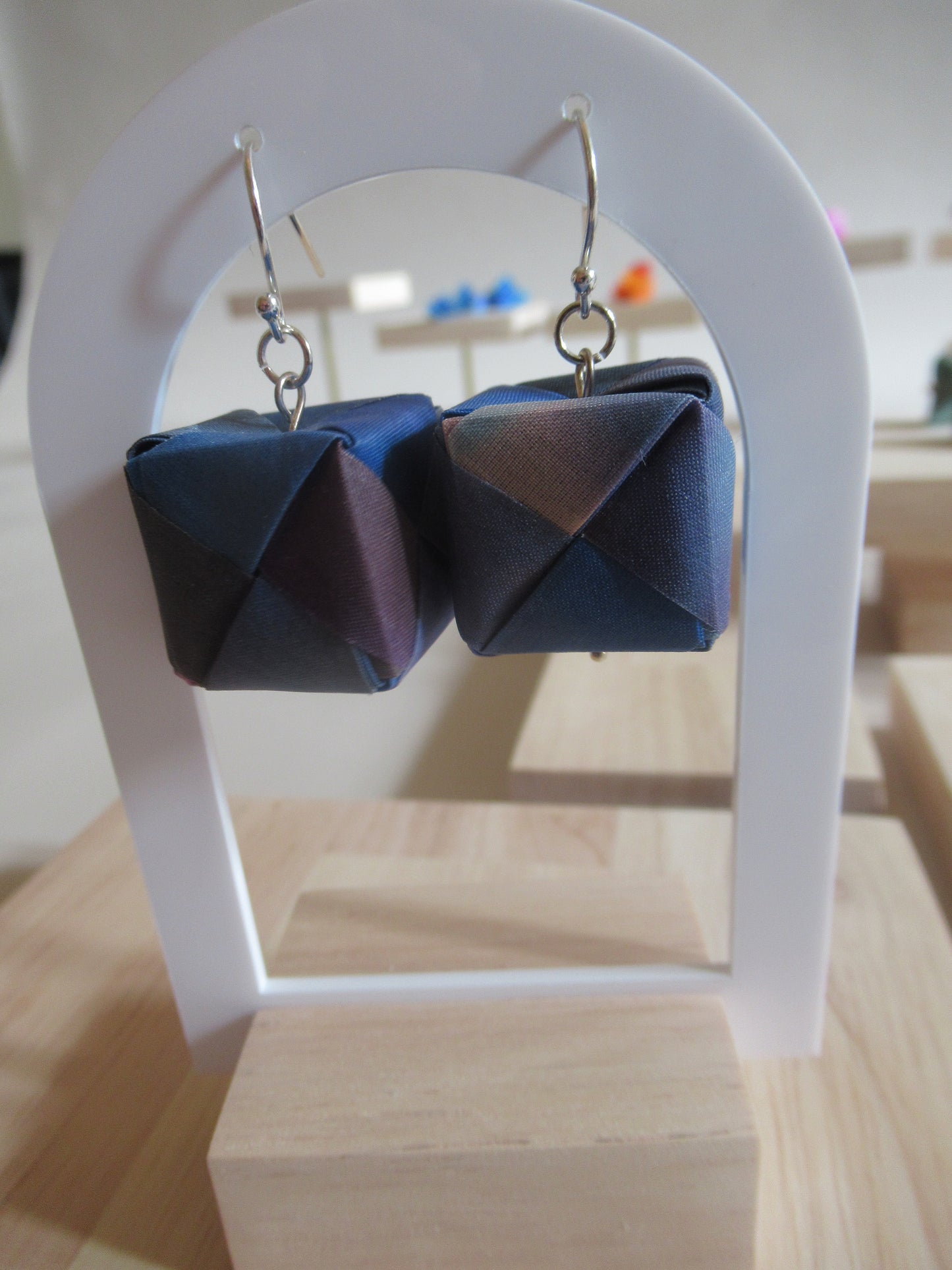 Handmade origami silk earrings in Royal blue with silver hooks
