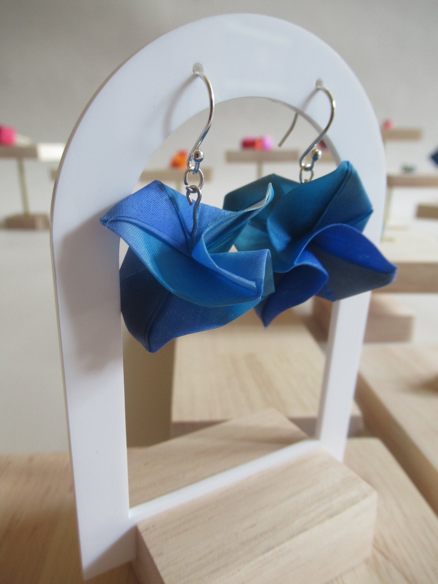 Handmade origami silk earrings in royal blue rose flower with silver hooks