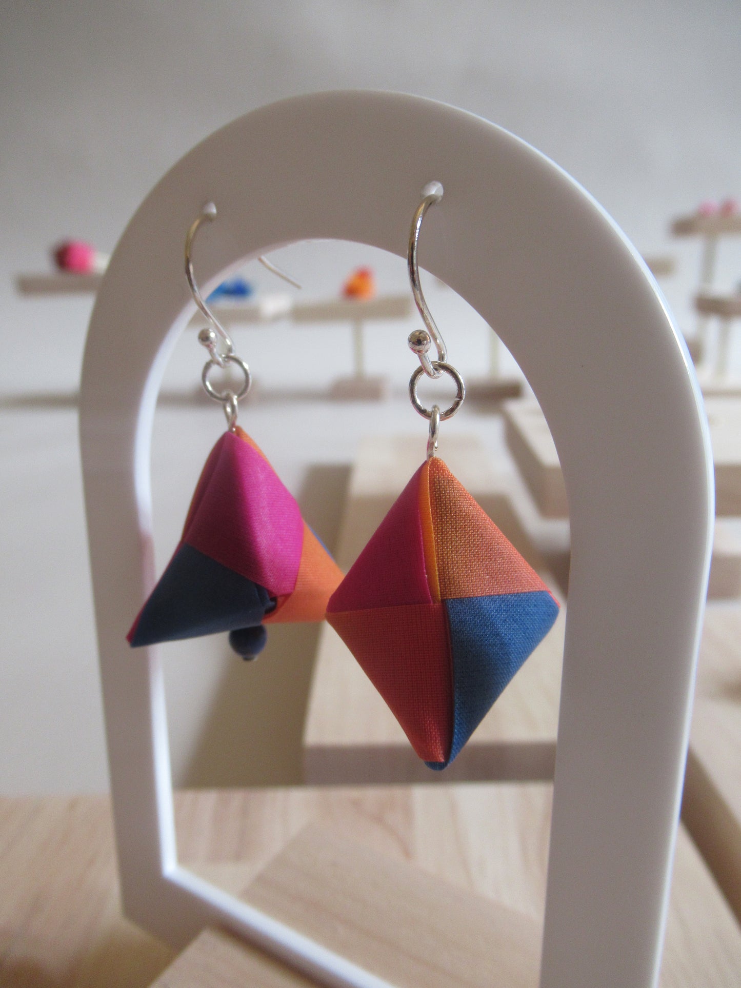 Handmade origami silk earrings and fuchsia pink bright blue bright orange with gold plated hooks