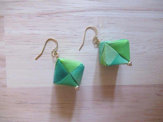 Handmade origami silk earrings in lime green with gold plated hooks