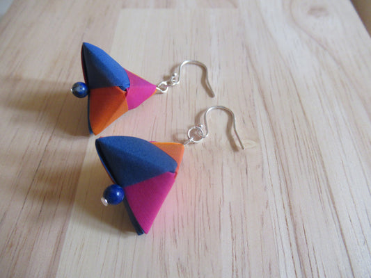 Handmade origami silk earrings and fuchsia pink bright blue bright orange with gold plated hooks