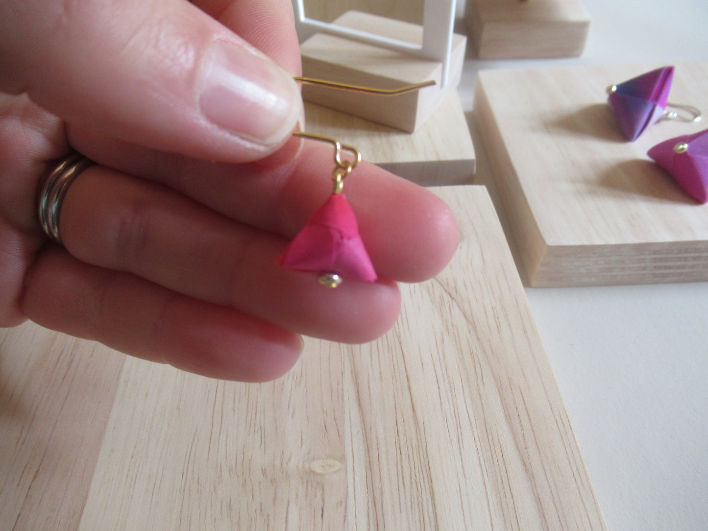 Handmade origami silk earings in fushia pink and bright orange with gold plated hooks
