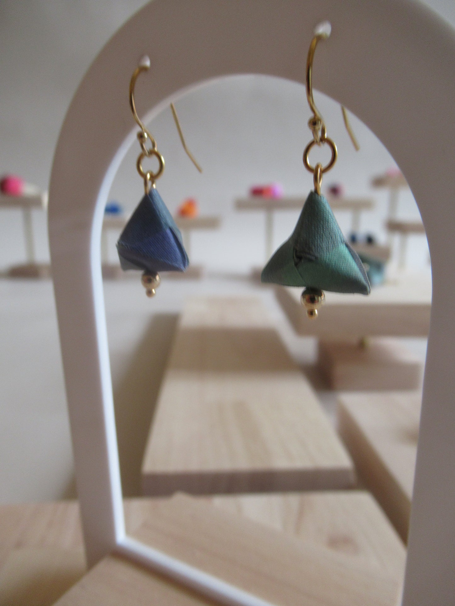 Handmade origami silk earrings and green with gold plated hooks