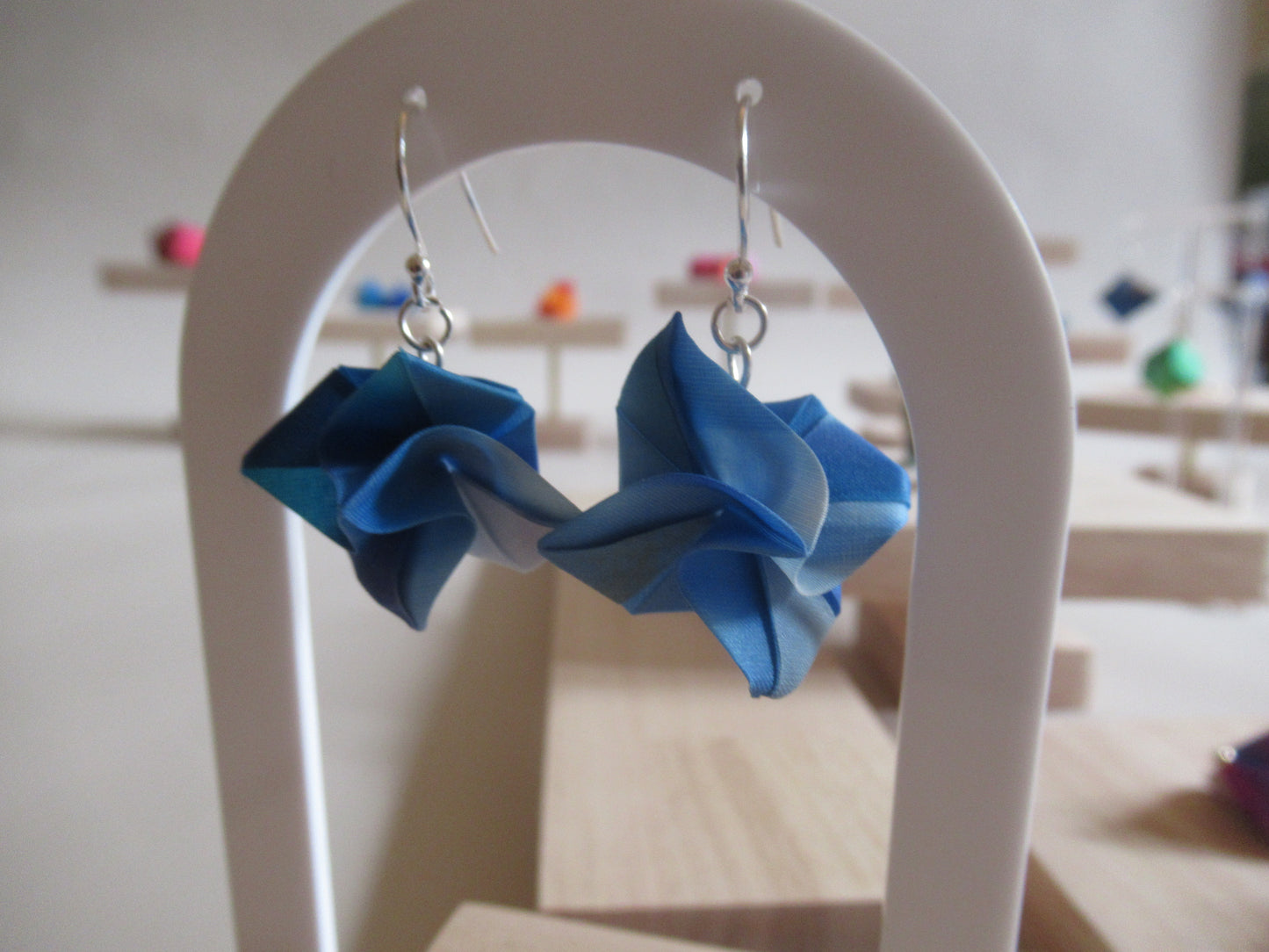 Handmade origami silk earrings in royal blue rose flower with silver hooks