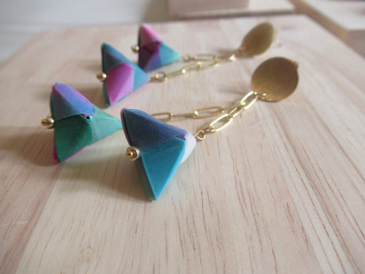 Handmade origami silk earrings, double drop with pink teal blues and greens finish with a drop and studs made from brass