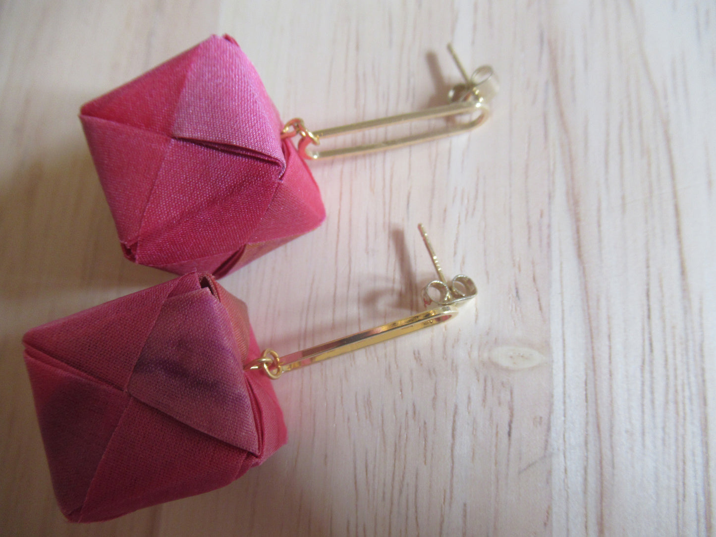 Handmade origami silk earrings with pink 24 carat gold plated oval studs