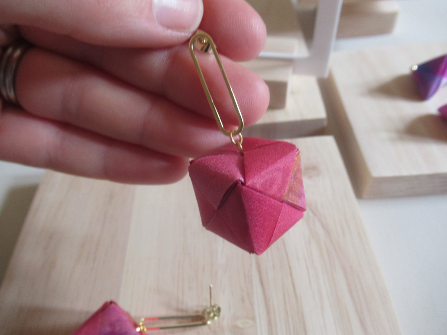 Handmade origami silk earrings with pink 24 carat gold plated oval studs