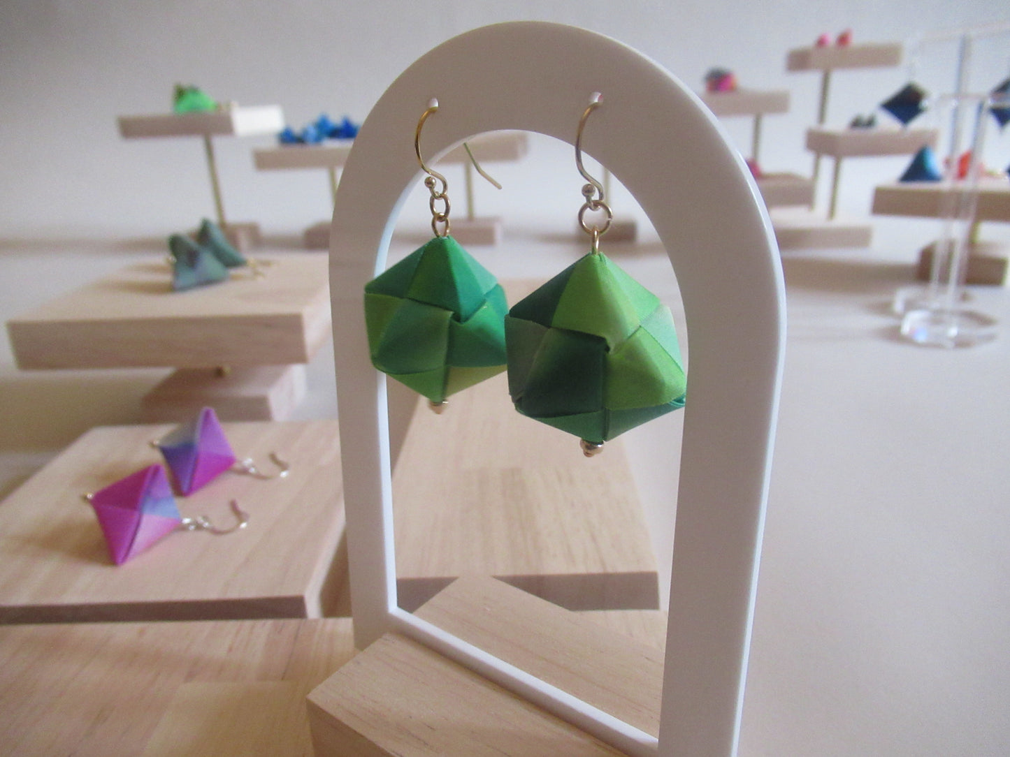 Handmade origami silk earrings in lime green with gold plated hooks