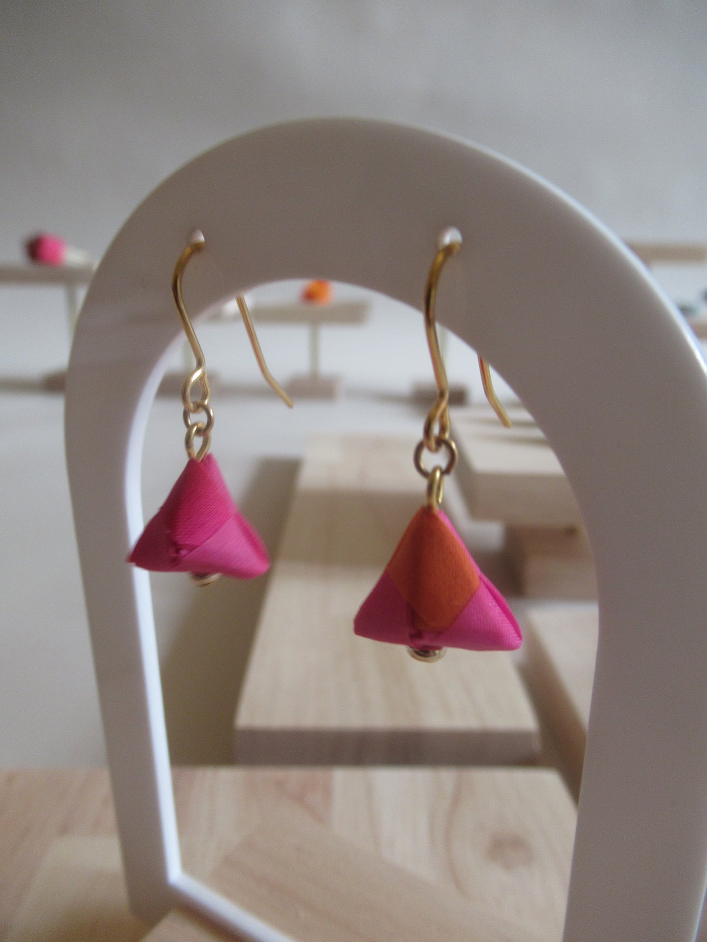 Handmade origami silk earings in fushia pink and bright orange with gold plated hooks