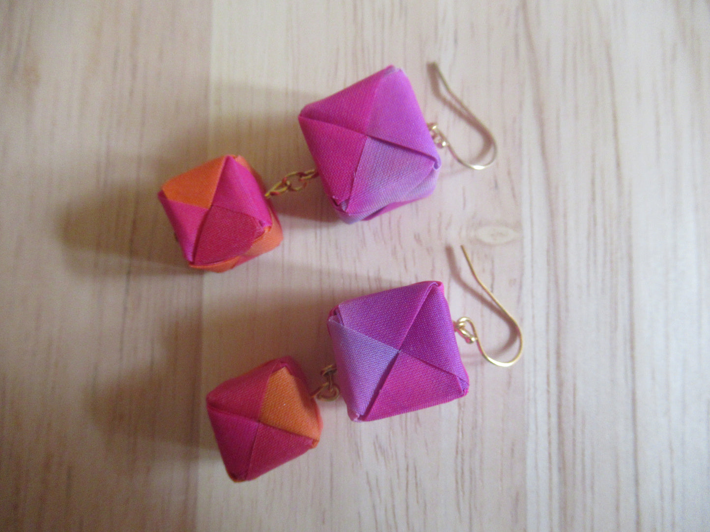 Handmade origami silk earrings and pink orange and double cube drop gold plated hooks
