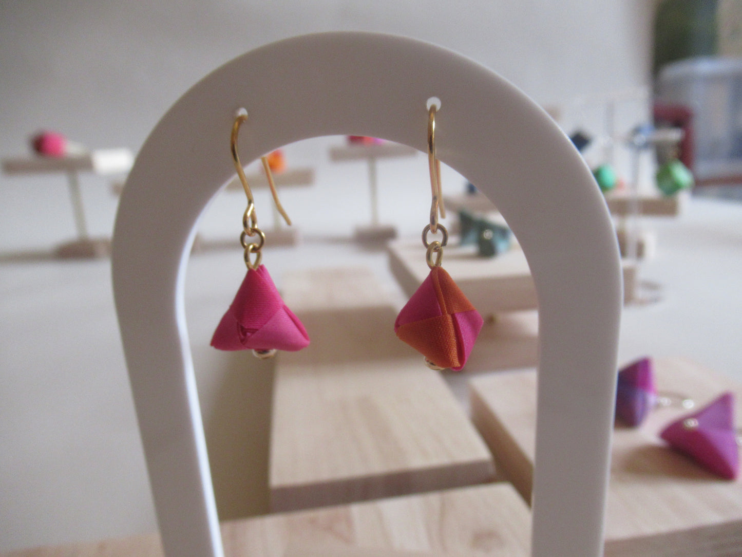 Handmade origami silk earings in fushia pink and bright orange with gold plated hooks