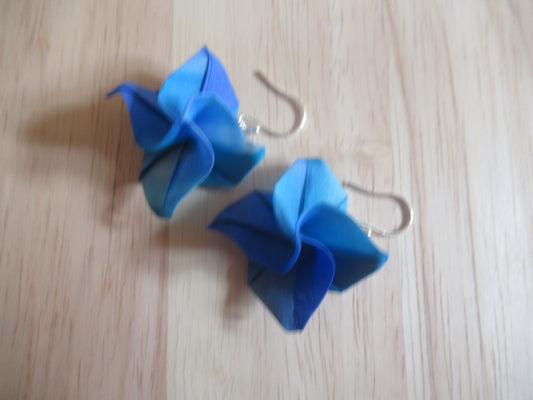 Handmade origami silk earrings in royal blue rose flower with silver hooks