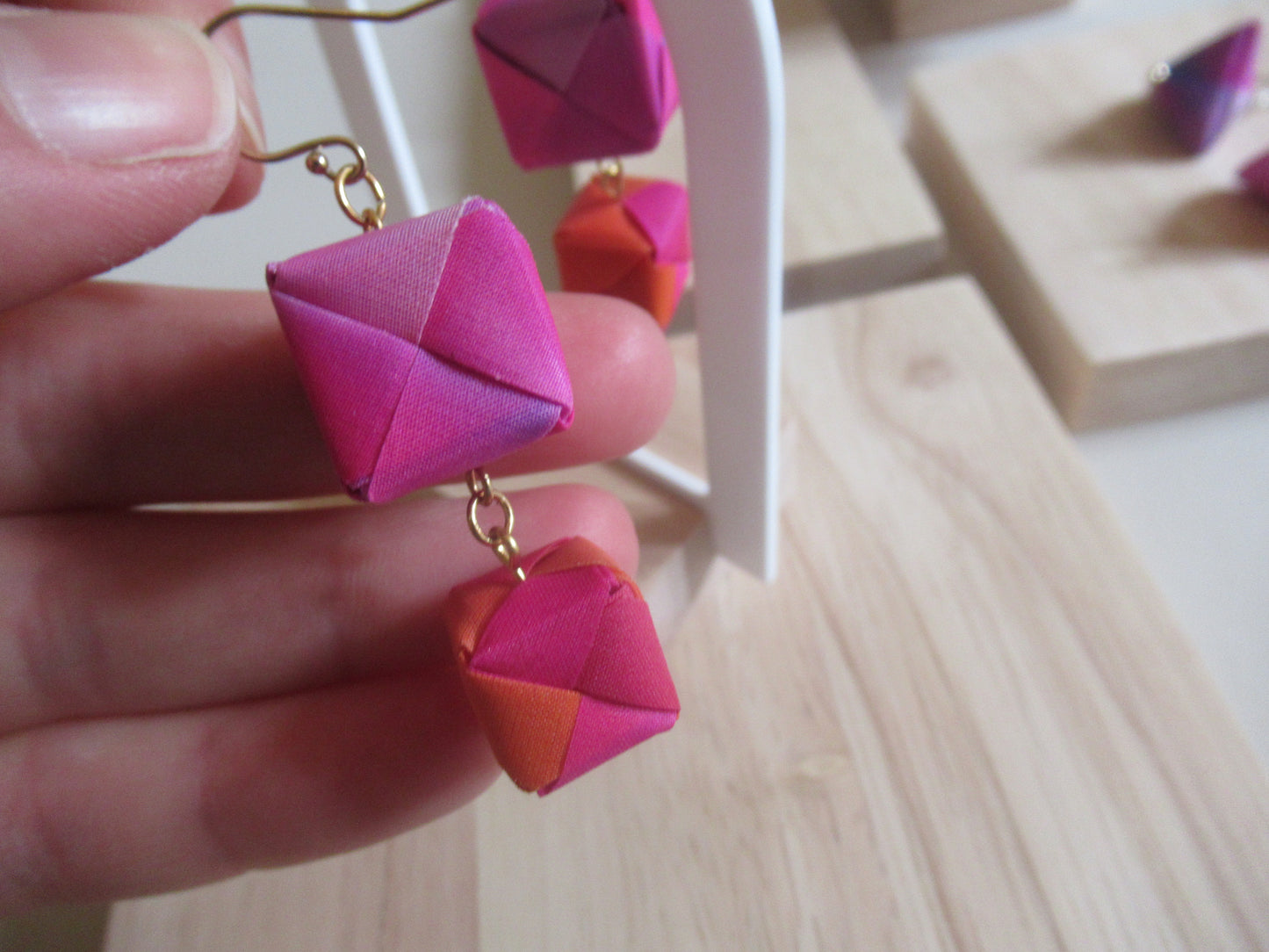 Handmade origami silk earrings and pink orange and double cube drop gold plated hooks