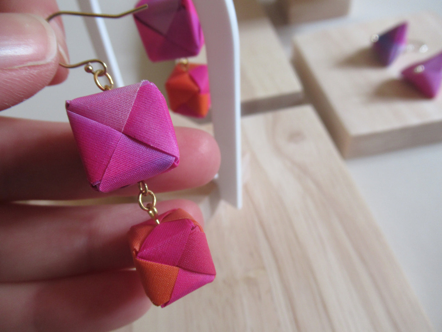 Handmade origami silk earrings and pink orange and double cube drop gold plated hooks