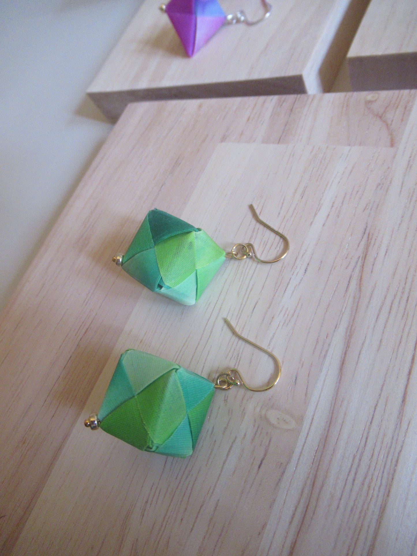 Handmade origami silk earrings in lime green with gold plated hooks