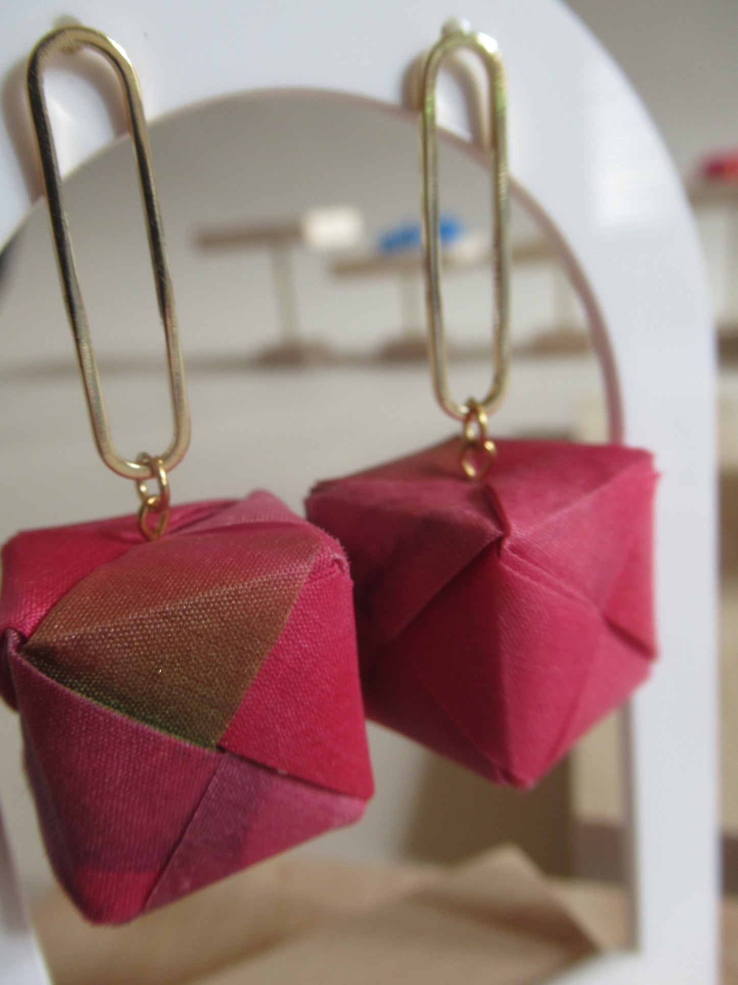 Handmade origami silk earrings with pink 24 carat gold plated oval studs